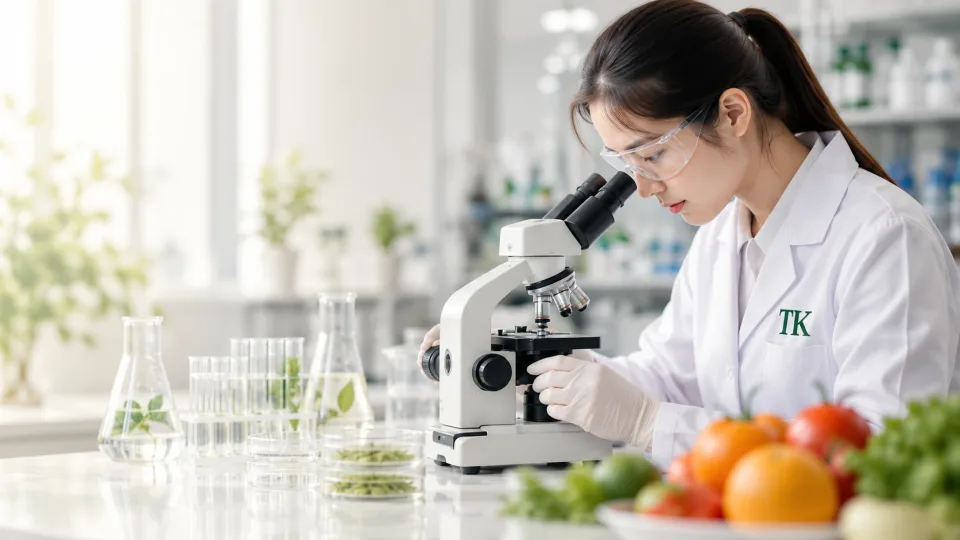 Chuyên viên kiểm nghiệm an toàn thực phẩm sử dụng kính hiển vi tại phòng Lab TK